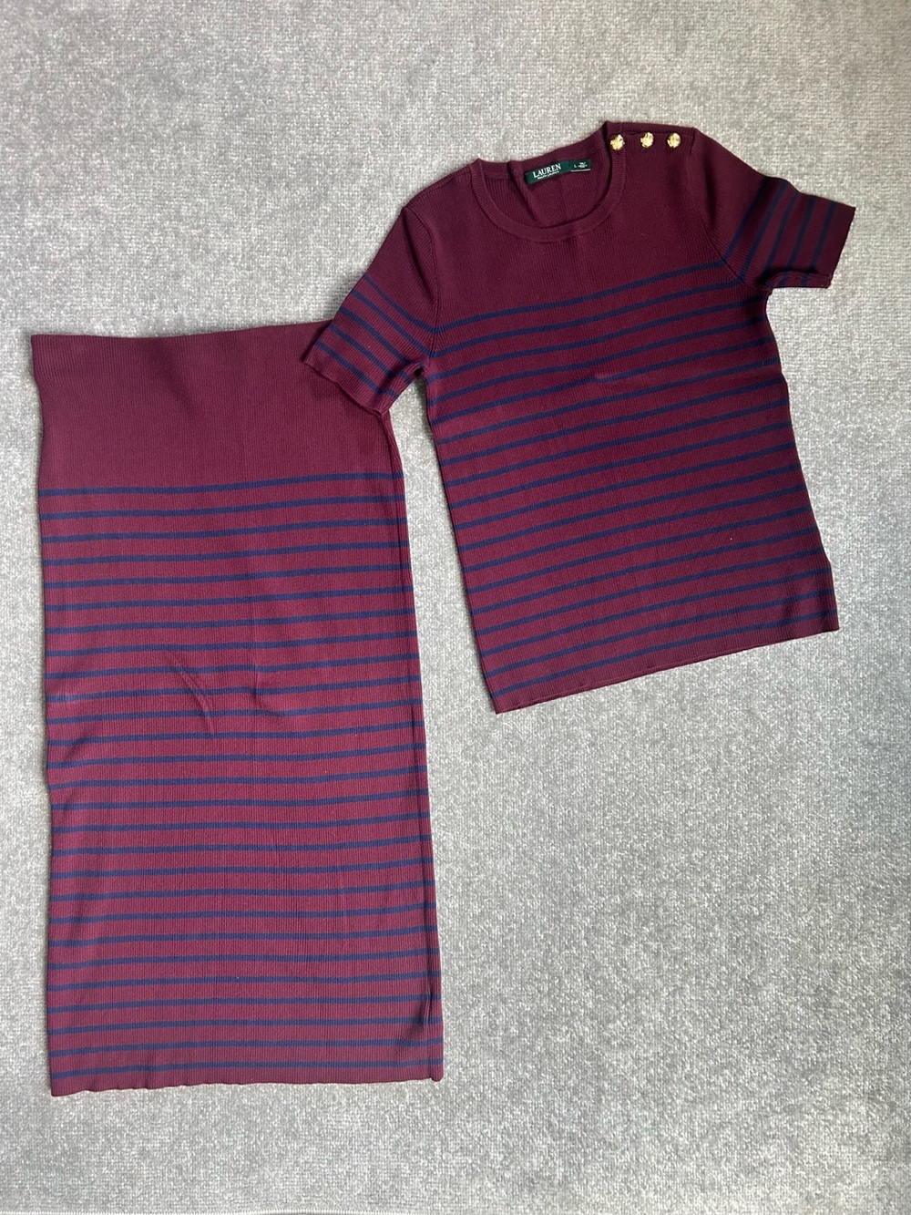Lauren Ralph Lauren Navy and Burgundy Striped Ribbed Knit 2 Piece Set, Size L